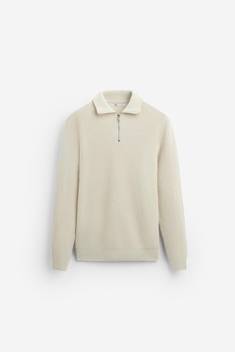 Pull zippé à col - Gris chiné