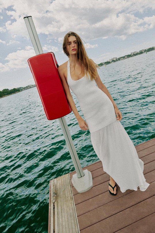 ROBE LONGUE HALTER EN MAILLE BIMATIÈRE