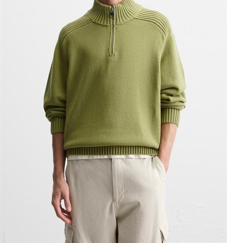 Pull à col cheminée avec zip - Vert olive