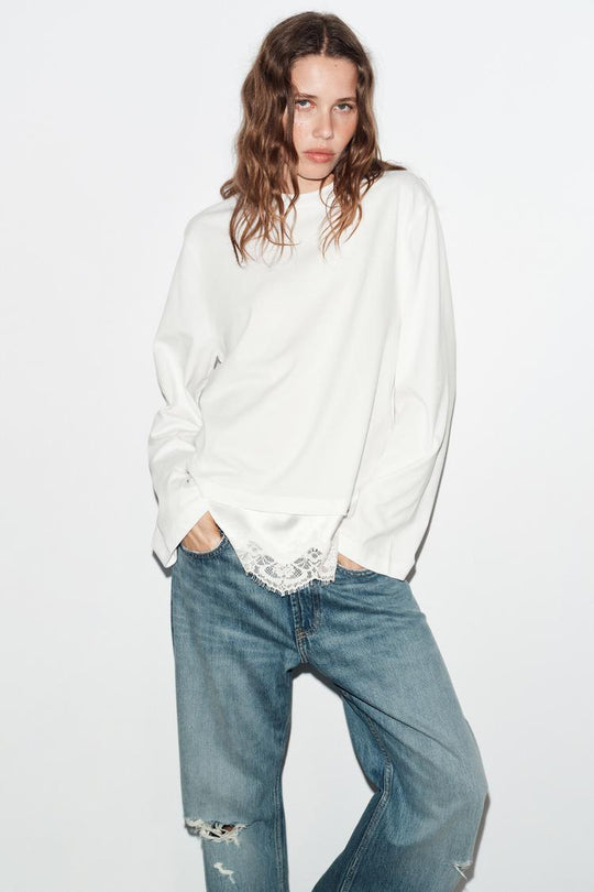 T-SHIRT EN MATIERES VARIEES AVEC DENTELLE