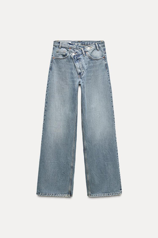 Jean trf wide leg cinturilla cruzada taille haute - Bleu soutenu