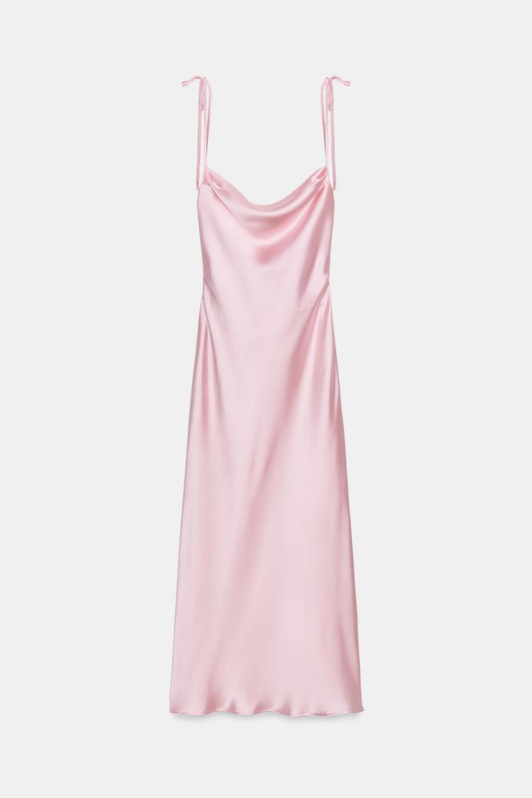 ROBE MI-LONGUE SATINÉE À BRETELLES ET NŒUDS