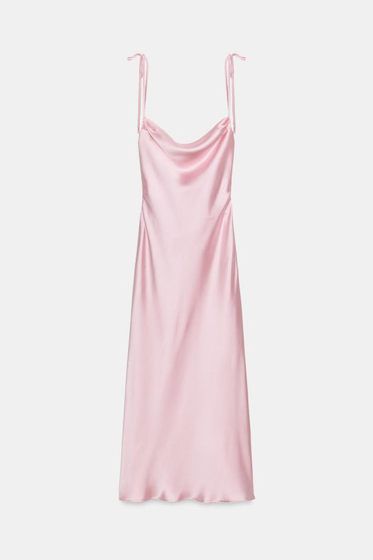 ROBE MI-LONGUE SATINÉE À BRETELLES ET NŒUDS