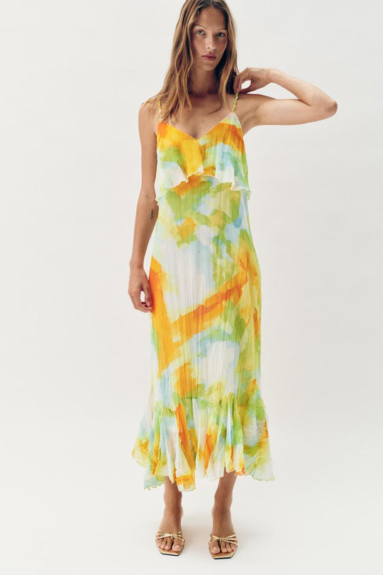 ROBE MI-LONGUE IMPRIMÉE À VOLANTS