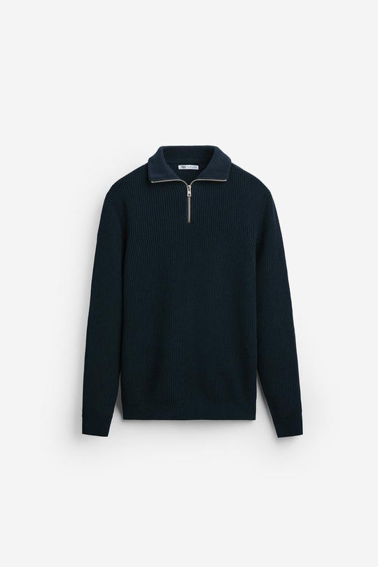 Pull zippé à col - Gris chiné