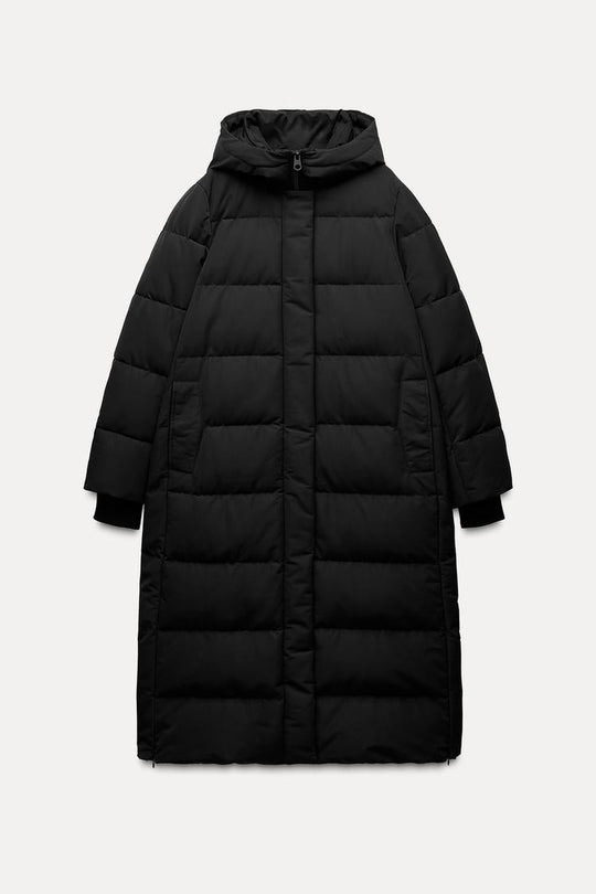 Doudoune longue verte à capuche imperméable  et coupe vent - Noir