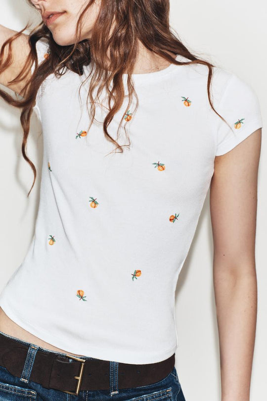 T-SHIRT CÔTELÉ MANCHES COURTES BRODÉ
