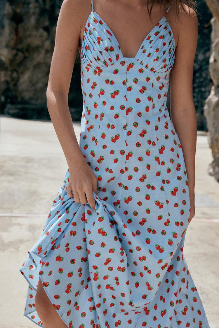 ROBE MI-LONGUE EN POPELINE IMPRIMÉE FRAISES