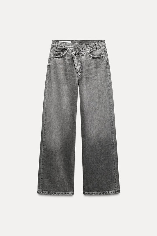 Jean trf wide leg cinturilla cruzada taille haute - Noir