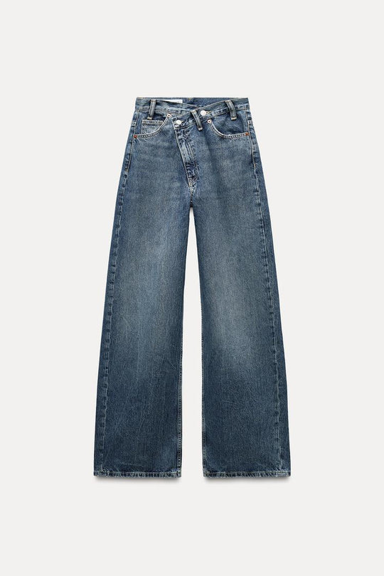 Jean trf wide leg cinturilla cruzada taille haute - Bleu