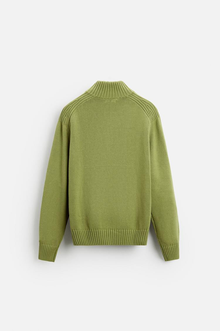 Pull à col cheminée avec zip - Vert olive