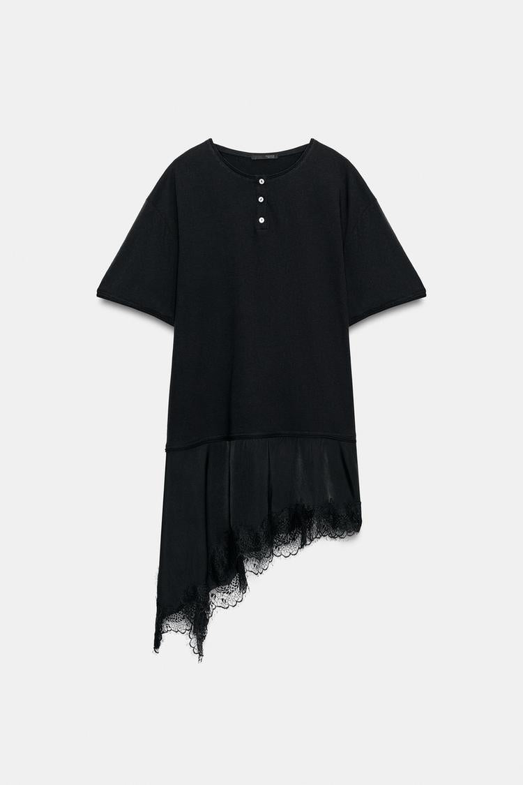 T-SHIRT EN MATIÈRES VARIÉES ET DENTELLE COL TUNISIEN
