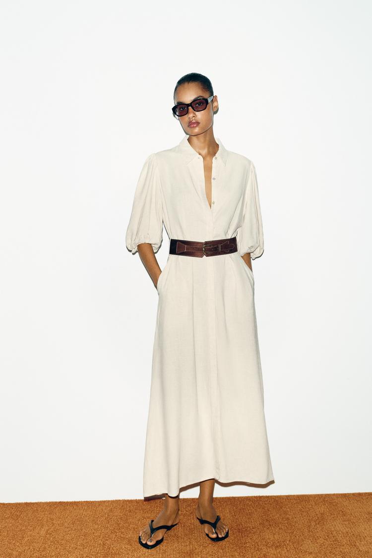 ROBE MI-LONGUE EN LIN AVEC CEINTURE