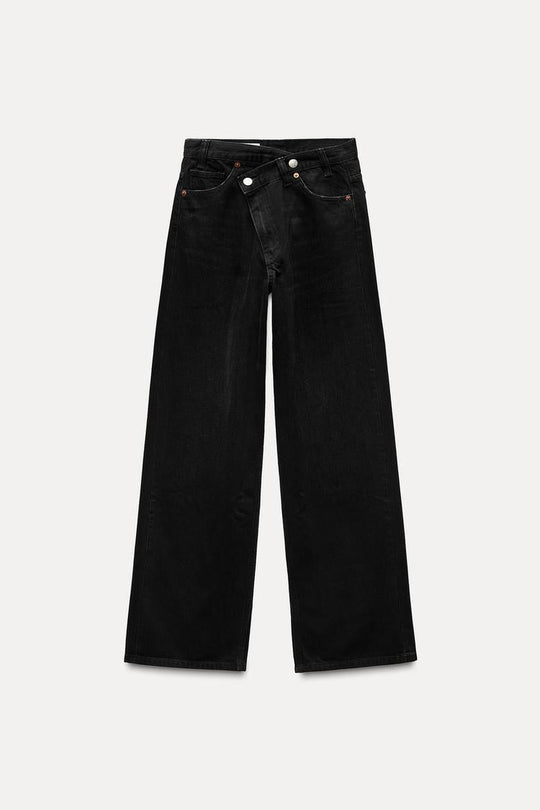 Jean trf wide leg cinturilla cruzada taille haute - Indigo