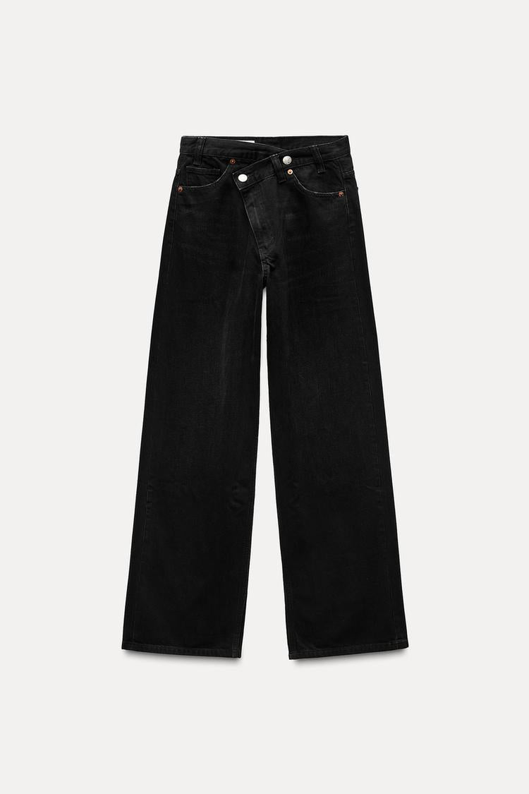 Jean trf wide leg cinturilla cruzada taille haute - Bleu soutenu