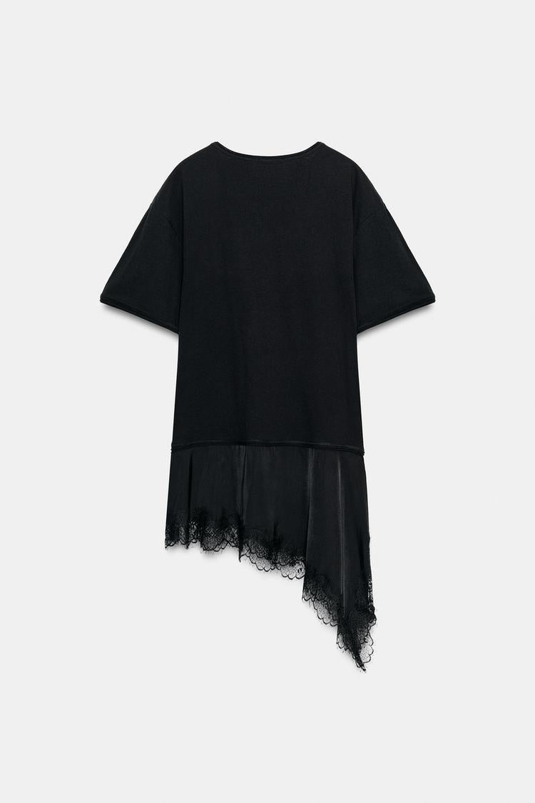 T-SHIRT EN MATIÈRES VARIÉES ET DENTELLE COL TUNISIEN