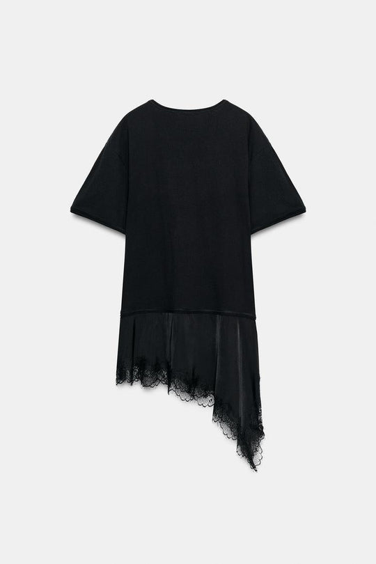 T-SHIRT EN MATIÈRES VARIÉES ET DENTELLE COL TUNISIEN