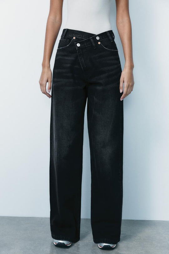Jean trf wide leg cinturilla cruzada taille haute - Gris