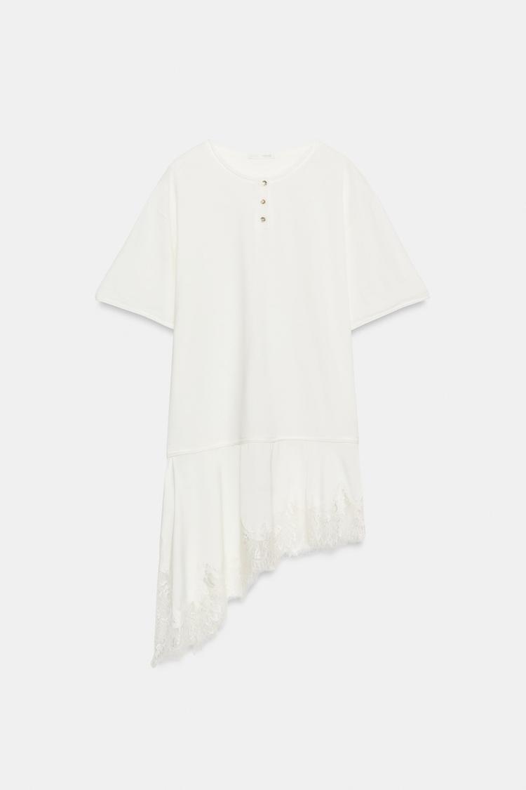 T-SHIRT EN MATIÈRES VARIÉES ET DENTELLE COL TUNISIEN
