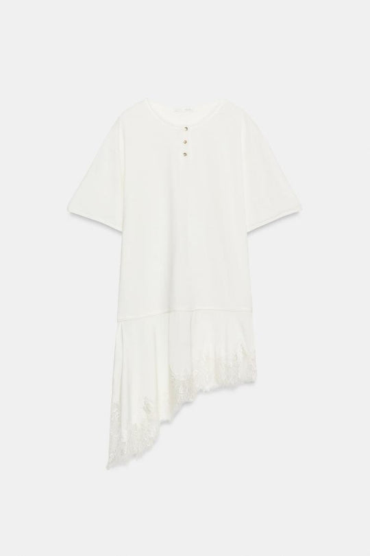 T-SHIRT EN MATIÈRES VARIÉES ET DENTELLE COL TUNISIEN