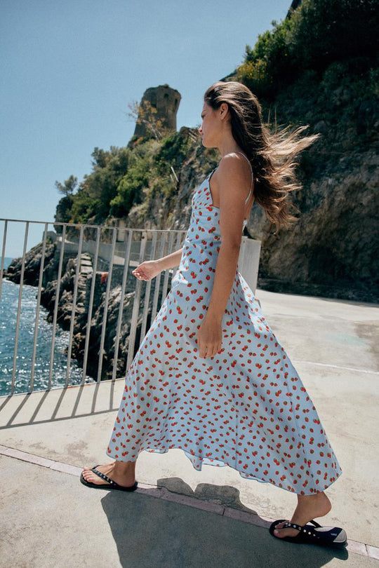 ROBE MI-LONGUE EN POPELINE IMPRIMÉE FRAISES