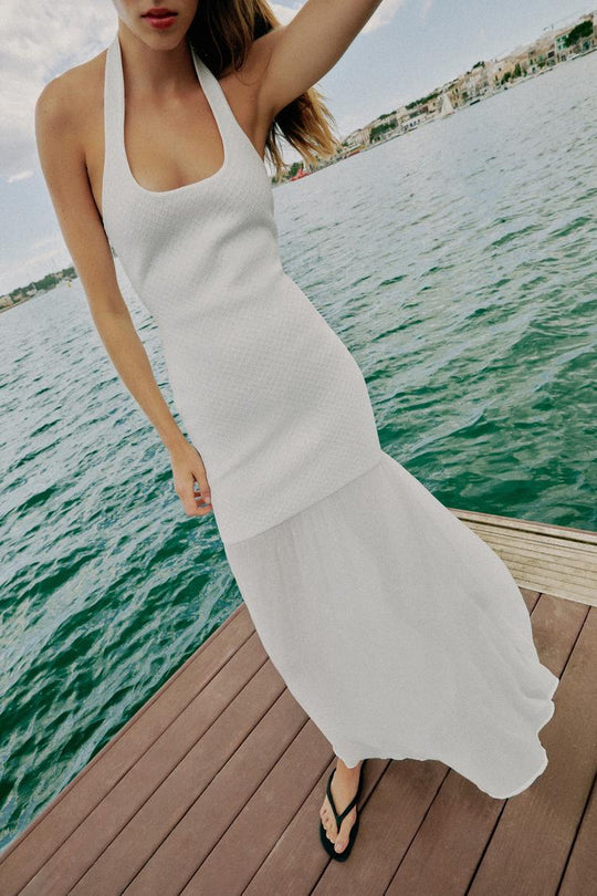 ROBE LONGUE HALTER EN MAILLE BIMATIÈRE