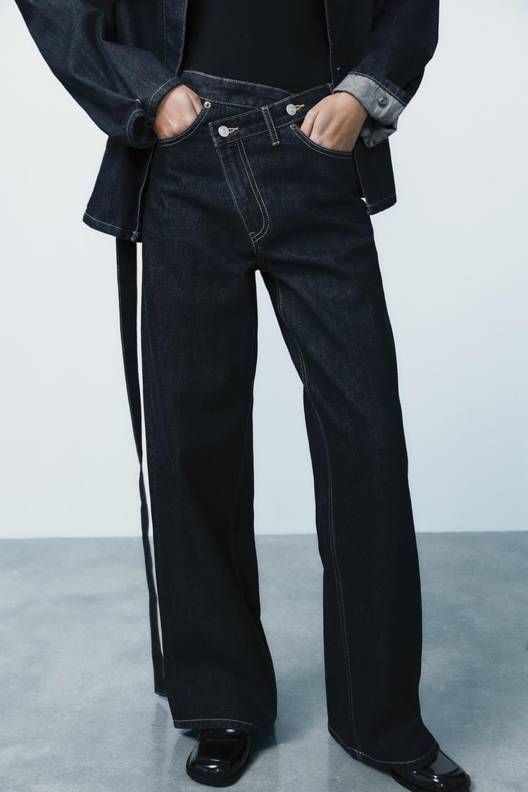 Jean trf wide leg cinturilla cruzada taille haute - Indigo