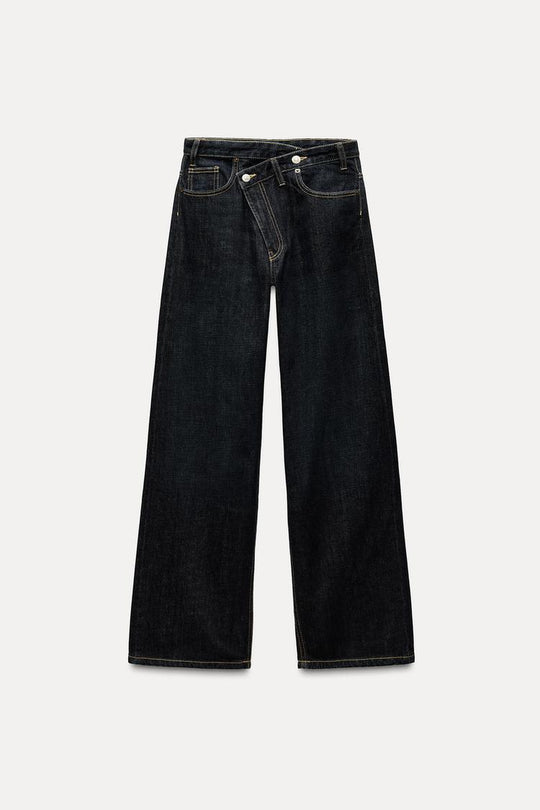 Jean trf wide leg cinturilla cruzada taille haute - Bleu