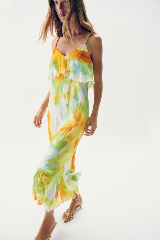 ROBE MI-LONGUE IMPRIMÉE À VOLANTS