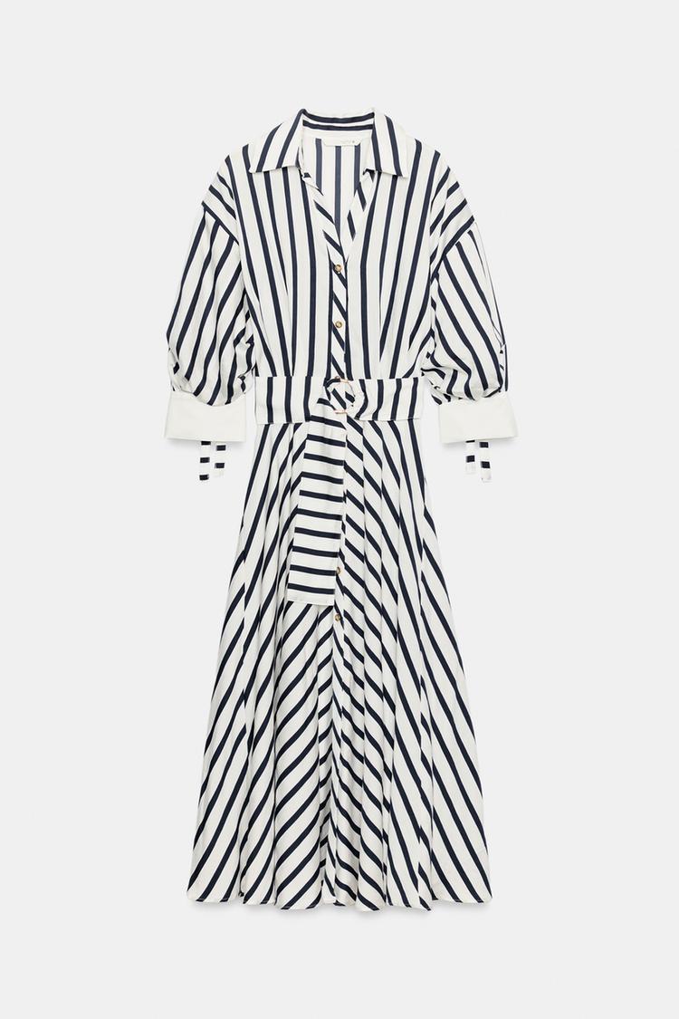 ROBE MI-LONGUE À RAYURES AVEC CEINTURE