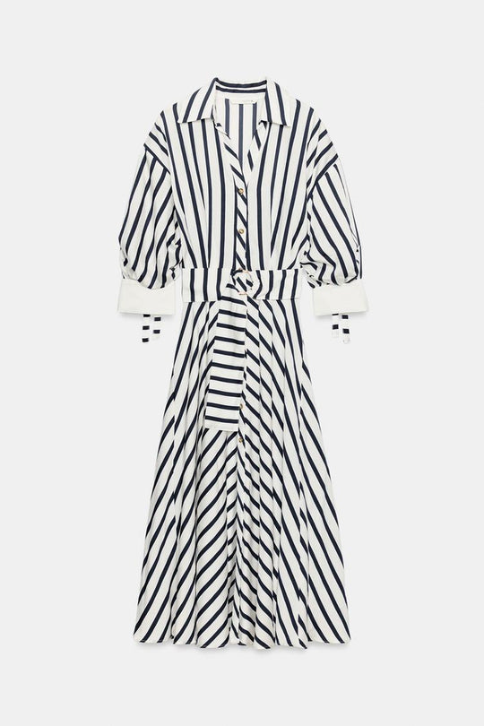 ROBE MI-LONGUE À RAYURES AVEC CEINTURE