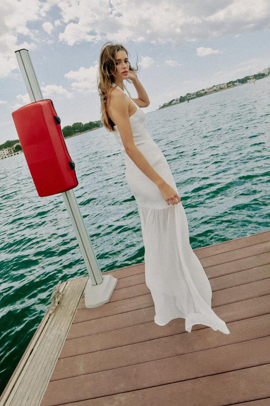 ROBE LONGUE HALTER EN MAILLE BIMATIÈRE
