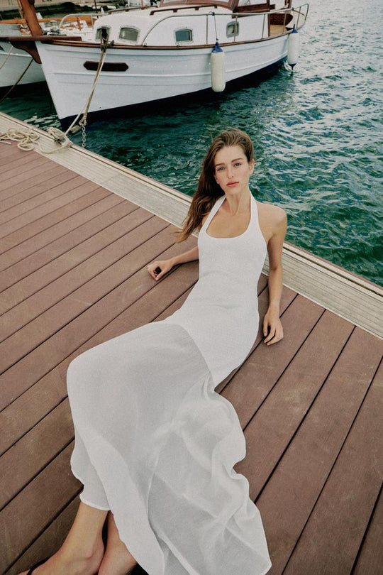 ROBE LONGUE HALTER EN MAILLE BIMATIÈRE