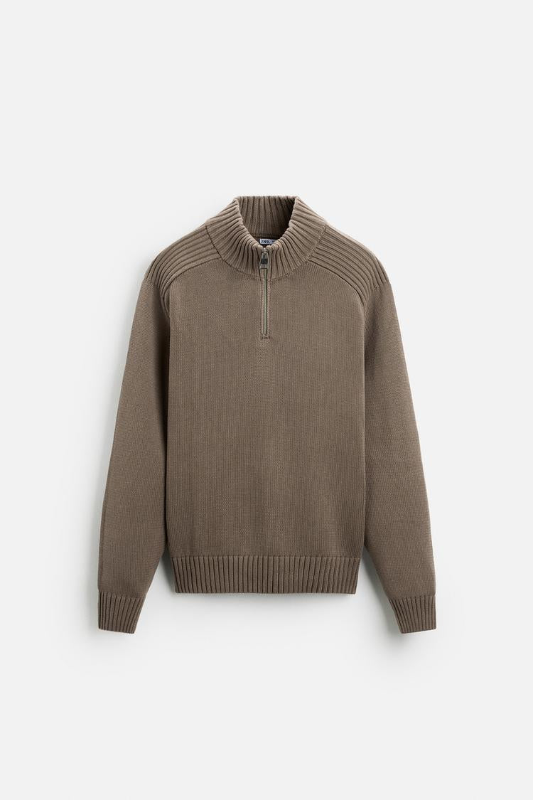 Pull à col cheminée avec zip - Vert olive