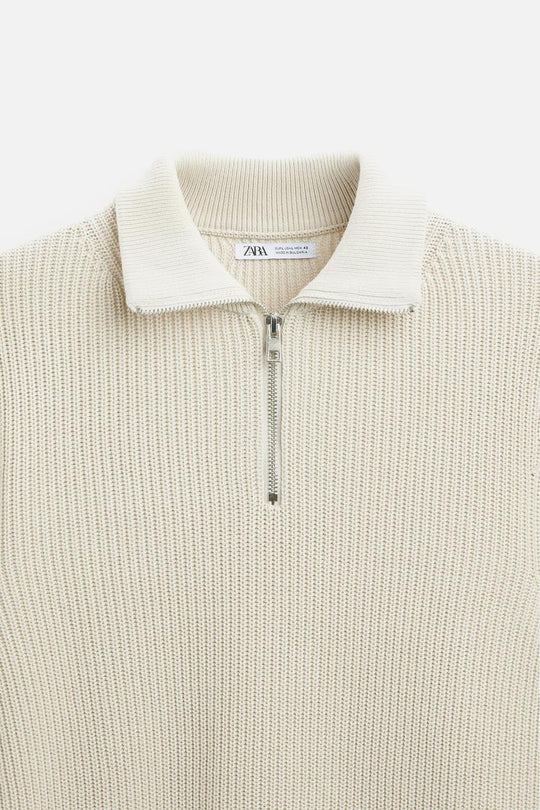 Pull zippé à col - Gris chiné
