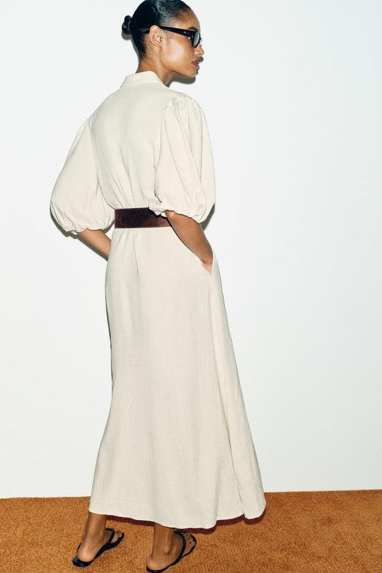 ROBE MI-LONGUE EN LIN AVEC CEINTURE