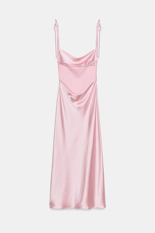 ROBE MI-LONGUE SATINÉE À BRETELLES ET NŒUDS